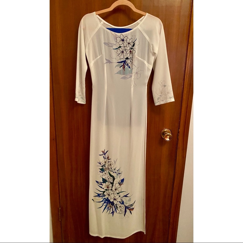 White & Blue Vietnamese Ao Dai Dress + Pants